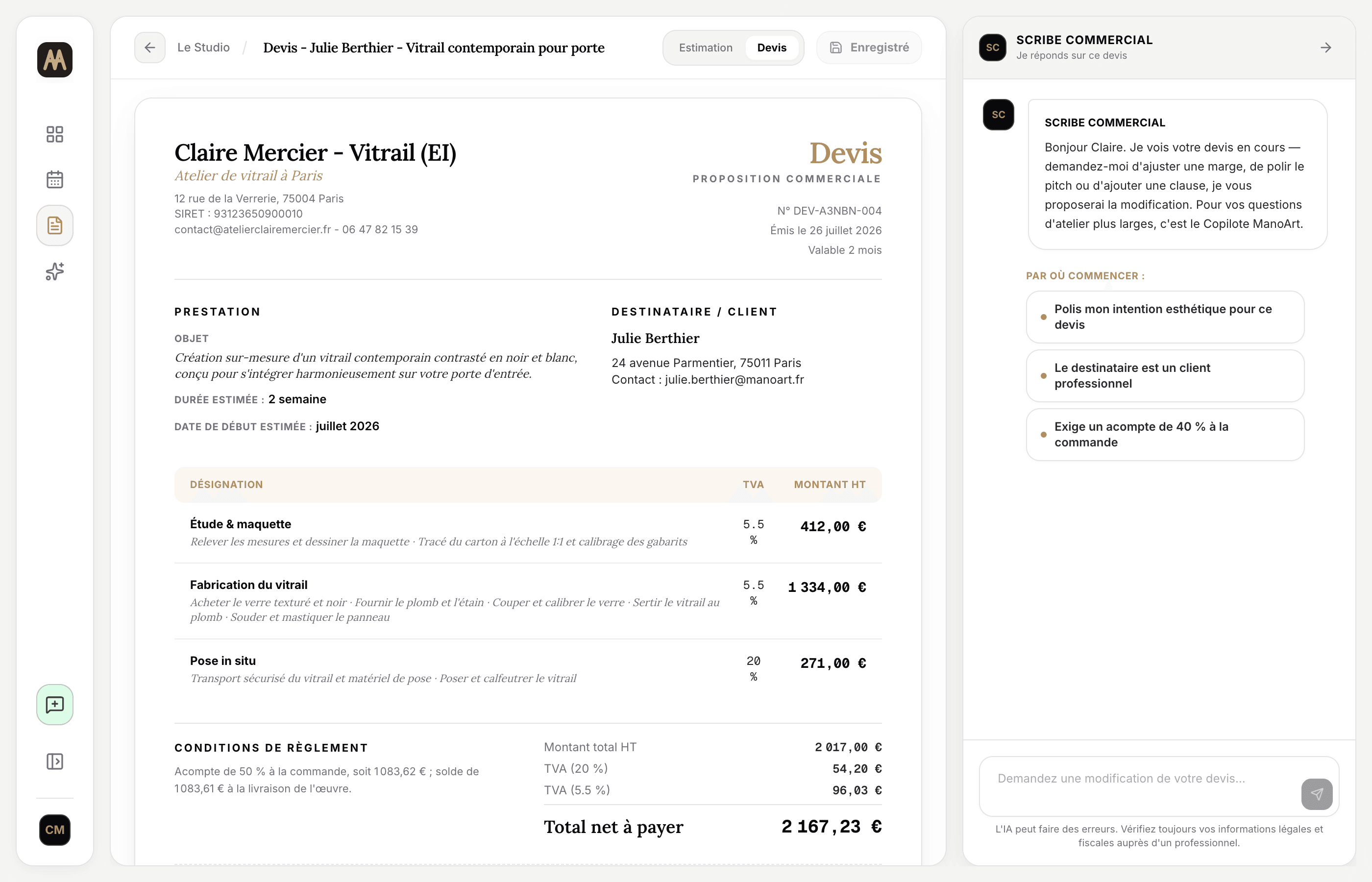 Aperçu du devis client généré par ManoArt : proposition commerciale soignée pour un vitrail contemporain, sans aucun coût interne apparent.